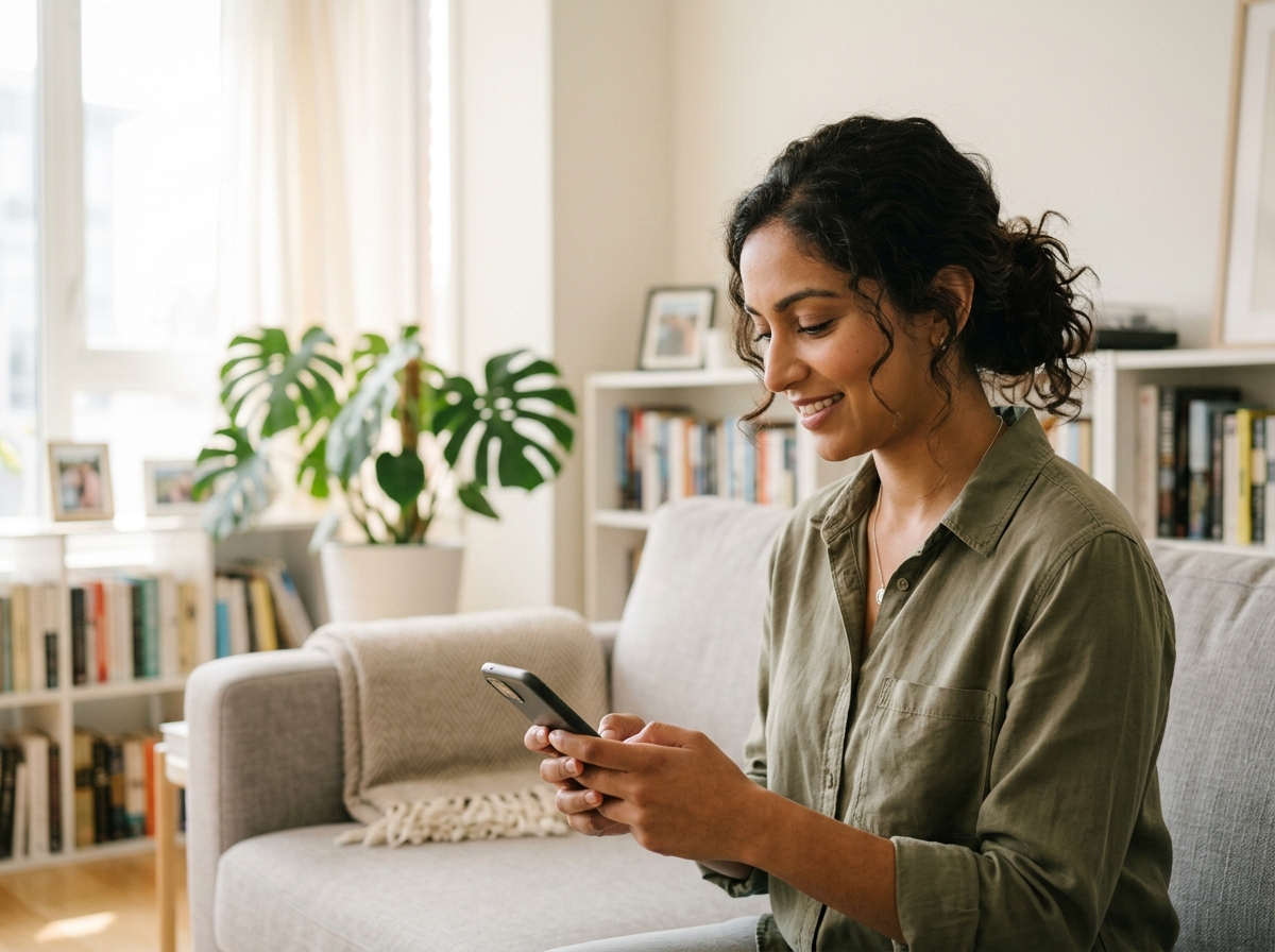 Everyday consumer using a smartphone with relief and focus